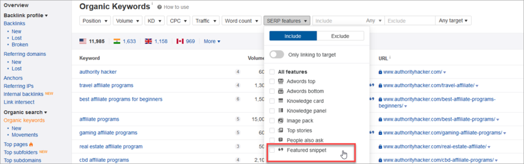 applying a feature snippet using ahrefs