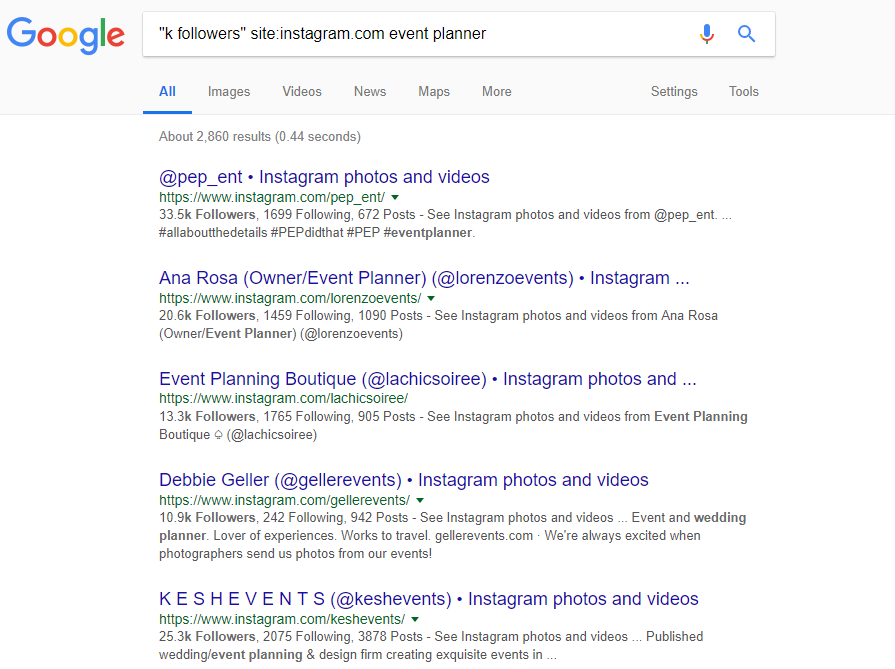 Googl e search for Instagram influencers