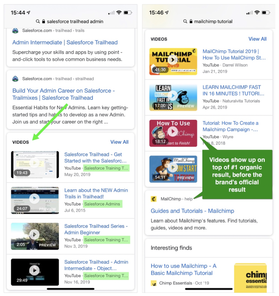Mobile search results for Google's video carousel