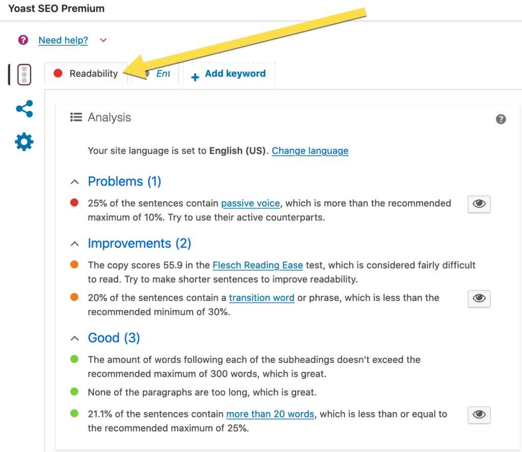 on-page copy quality analysis - Readability